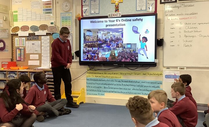 Image of A huge well done to year 6 for creating and presenting their online safety talks to our parents as community. We saw some great confidence and oracy and have definitely learnt a lot of new information about how to stay safe when going on the internet.