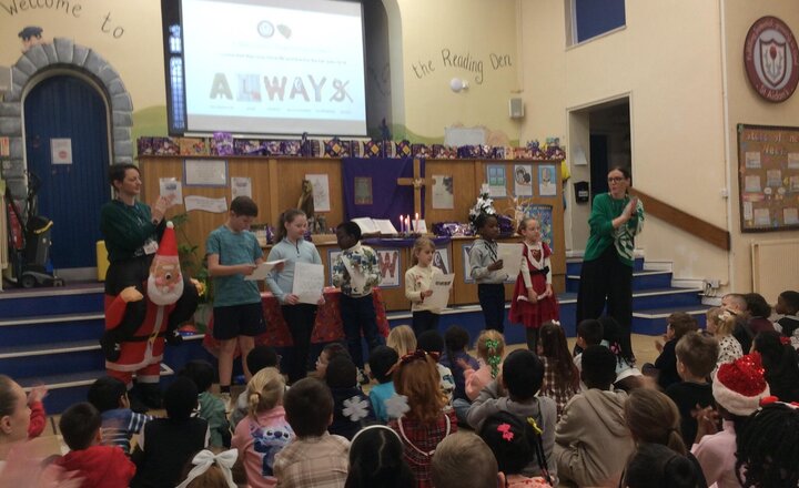 Image of A huge well done to all our award winners! It was wonderful to celebrate your achievements during our special end of term worship today. And how festive does Mrs Hargreaves look?! 
