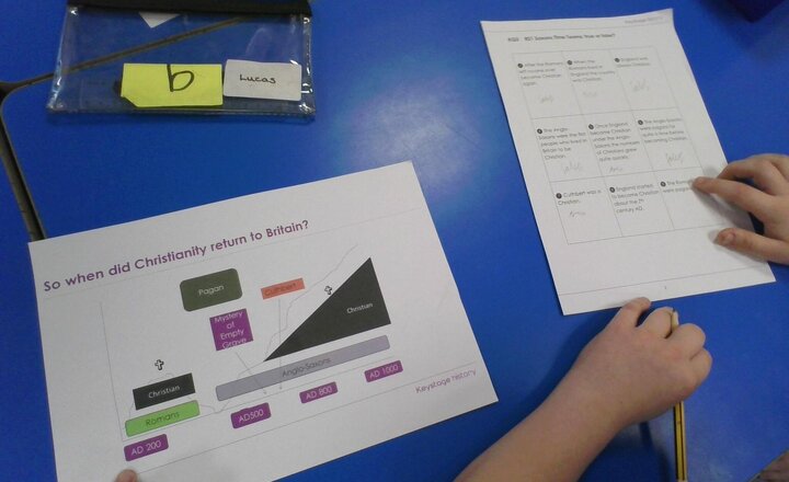 Image of Creating a timeline based on when Christianity came to England. The children also looked at facts about Christianity and history.