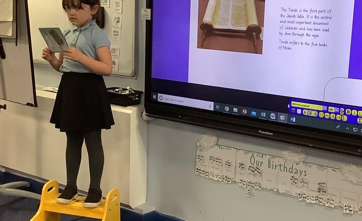 Image of Yesterday in RE we looked at the other faiths and their special books. We worked in groups and each group talked about the different books and why they are important.  We are so proud of how well they used their oracy skills to feedback to the class.