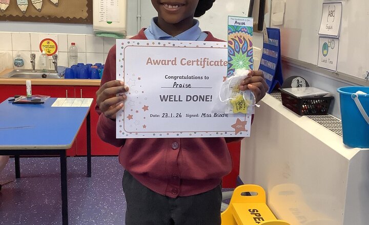 Image of Year 2 reader of the week! Praise has read every week consistently since September, she shows great enjoyment in her reading and has made huge progress.