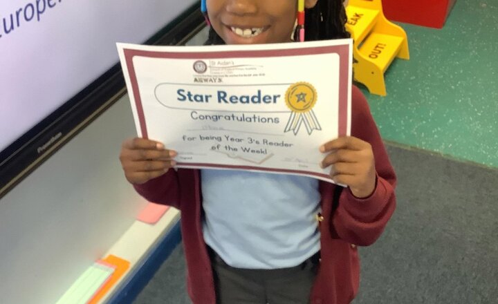 Image of This week's reader of the week is Olivia. Olivia shows her love of reading every week. We are very proud of you!