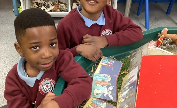 Image of Sequencing and recalling The Nativity Story in the small world area.