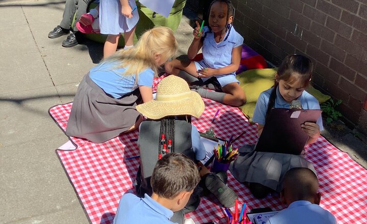 Image of Lunchtime fun today! We had a lovely time drawing and colouring in the shade.
