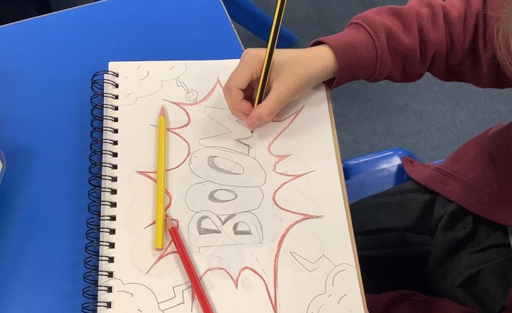 Image of Today in Art, the children have been unleashing their inner comic book artists! We combined our literacy and creative skills to design some fantastic onomatopoeia artwork.