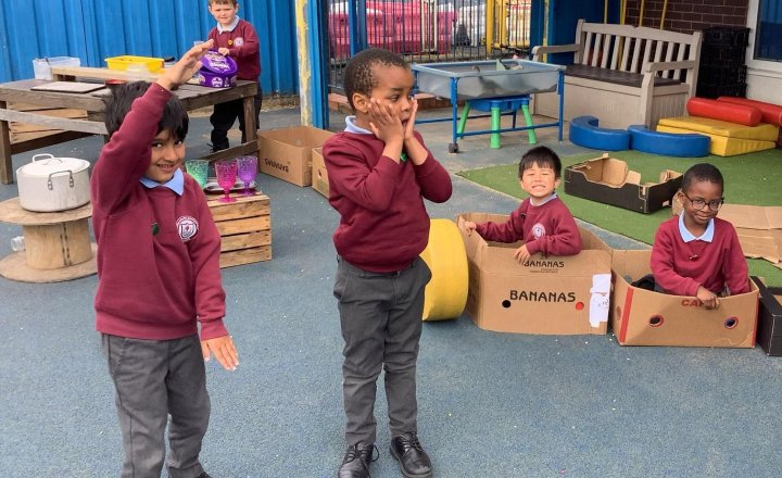 Image of In RE, we have been learning about prayers. Reception learnt that Jonah did not do the right thing so God sent a whale to help him do the right thing. Jonah prayed and said sorry to God. The children recreated the story of Jonah and the whale 🐳