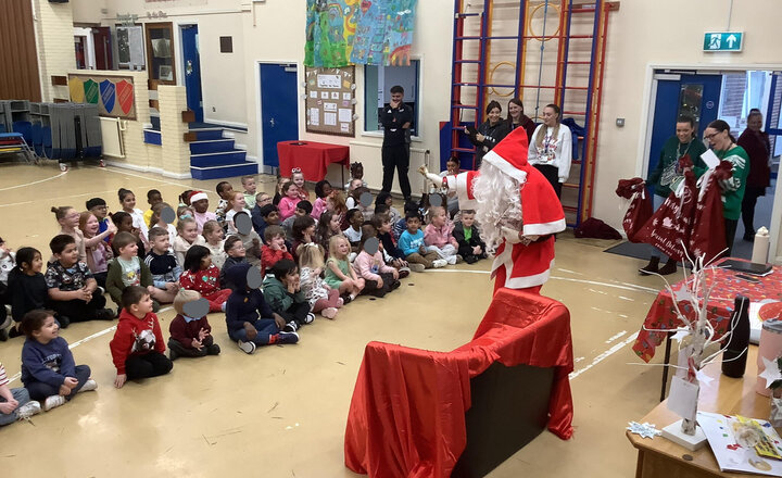 Image of We had a very special visitor at school today. Father Christmas! Eric the elf has told him how well Reception have been shining :) Father Christmas told Reception that they are all on the nice list! And he’ll be delivering presents very soon.