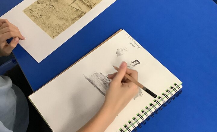 Image of Year 5 Art lesson: Children were brilliant detectives! They looked at a tiny square of a larger artwork and carefully copied the lines and textures, discovering marks can be thick, thin, curly, straight, light, or dark. Great job focusing on detail!