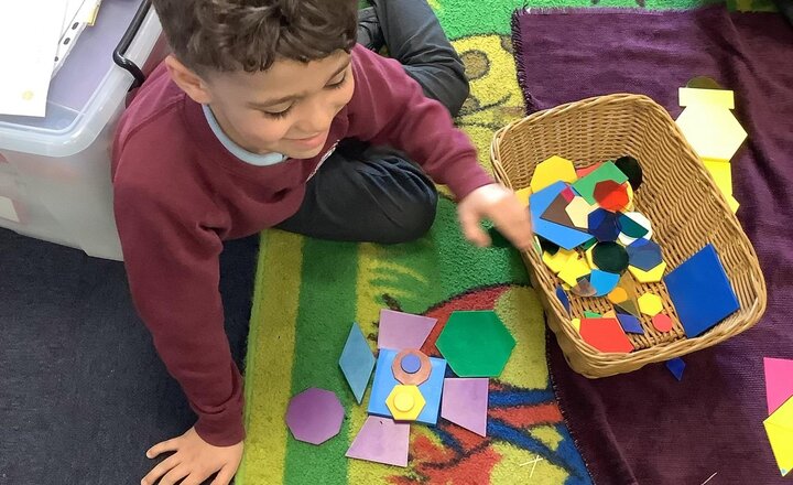 Image of In Maths, we have been learning about shapes, rotating them to solve puzzles and creating shape pictures! Reception did a fantastic job at making their own shape pictures.