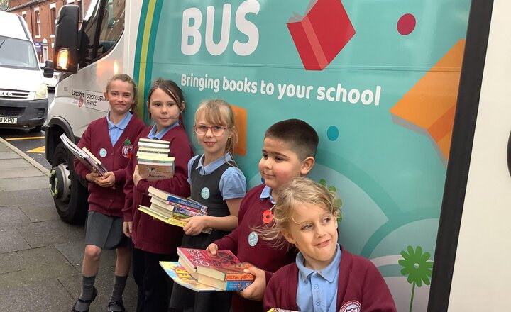 Image of The Library Bus visited our school this morning, and some children got to go on board! They had a great time selecting and bringing back some exciting new books to enrich our school Library.