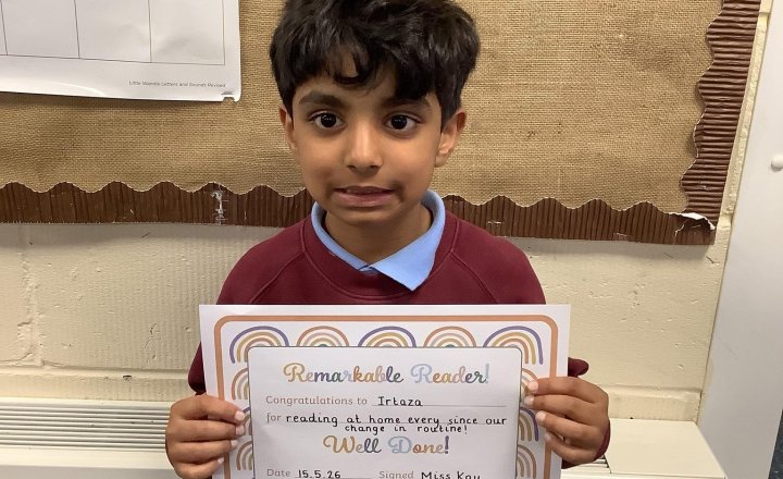 Image of Our reader of the week!🌟 This week our reader of the week has been selected for making fantastic progress and reading at home weekly since our change of routine. Well done Irtaza! You are a superstar!🌈