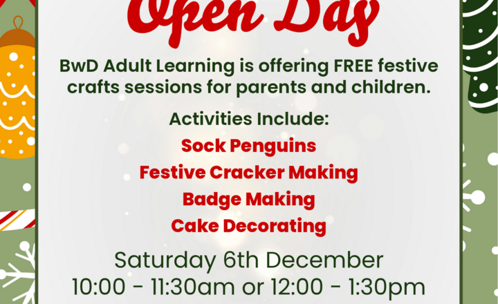 Image of Join BwD Adult Learning for a free family fun day making sock penguins, festive crackers, and decorating cakes! 