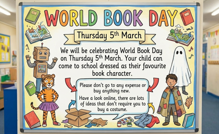 Image of Get ready for next week!   We're celebrating World Book Day on Thursday 5th March. Your child can come dressed as their favourite book character—have a look online for some great, cost-free ideas using things you already own!