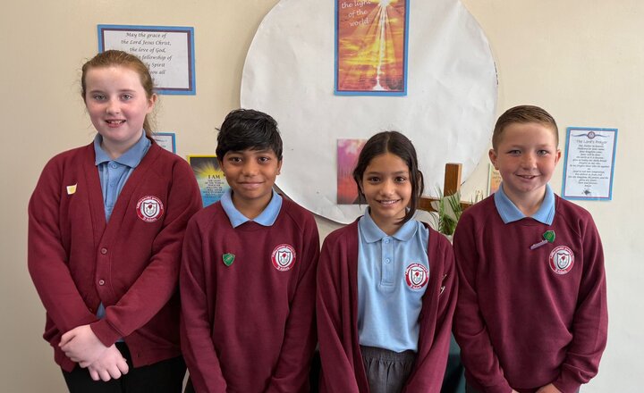 Image of After a tough round of whole school voting, we would like to introduce the 2025-2026 Head and Deputy pupils. Paige and Hasan are our deputies. Reema and Lucas are our Head girl and Head boy. (Left to right) Congratulations!