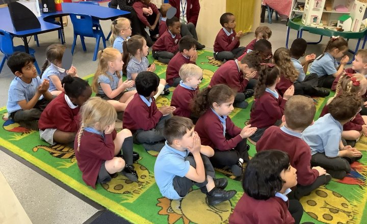 Image of In RE we have been learning about special places. We learnt all about mosques! Reception learnt that Muslims pray 5 times a day, they take their shoes off in mosque as a sign of respect, they use prayer mats and understood the features of a mosque!