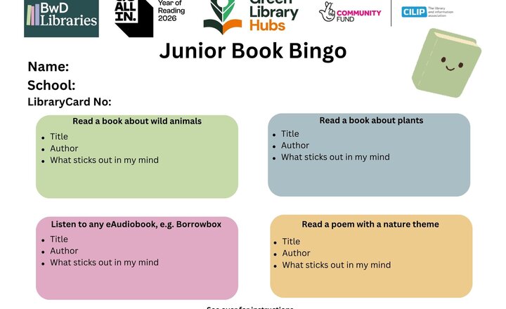 Image of Junior Book Bingo 2026: Your Reading Adventure Starts Here! It's time to dive into the National Year of Reading! Use your library card to explore new worlds, complete your bingo card, and win some amazing prizes.
