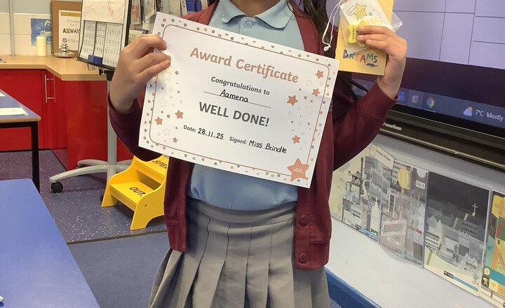 Image of Year 2 reader of the week! This week our reader of the week is Aamena! She always puts 100% into everything she does and contributes well in our reading sessions.. Keep it up!