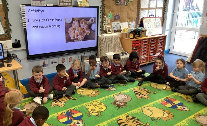 Image of In RE we have been learning about Good Friday. Reception learnt that Judas betrayed Jesus and Jesus died to forgive our sins. We tried hot cross buns to remember Jesus’ sacrifice!