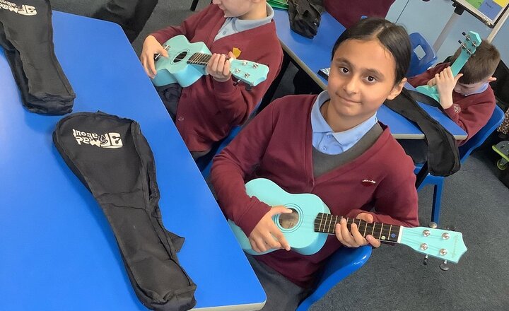 Image of Today in music year 3 are being introduced to the ukulele, we are creating some interesting sounds.
