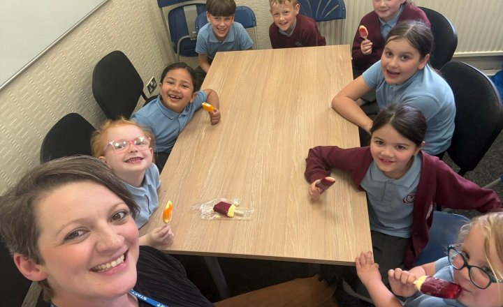 Image of VIPs! Last week's values in practice winners. We’re all here enjoying fruit ice cream lollies for showing accountability, service, being an honest friend and wisdom. We also have our usual wheel of winners who has been green all week at school.