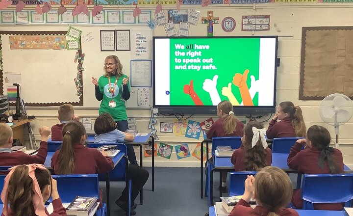 Image of We welcomed the NSPCC today for their 'Speak Out, Stay Safe' assembly. Pupils learned how to identify trusted adults and share worries. Our children showed great maturity during these vital sessions, and we are very proud of their engagement.