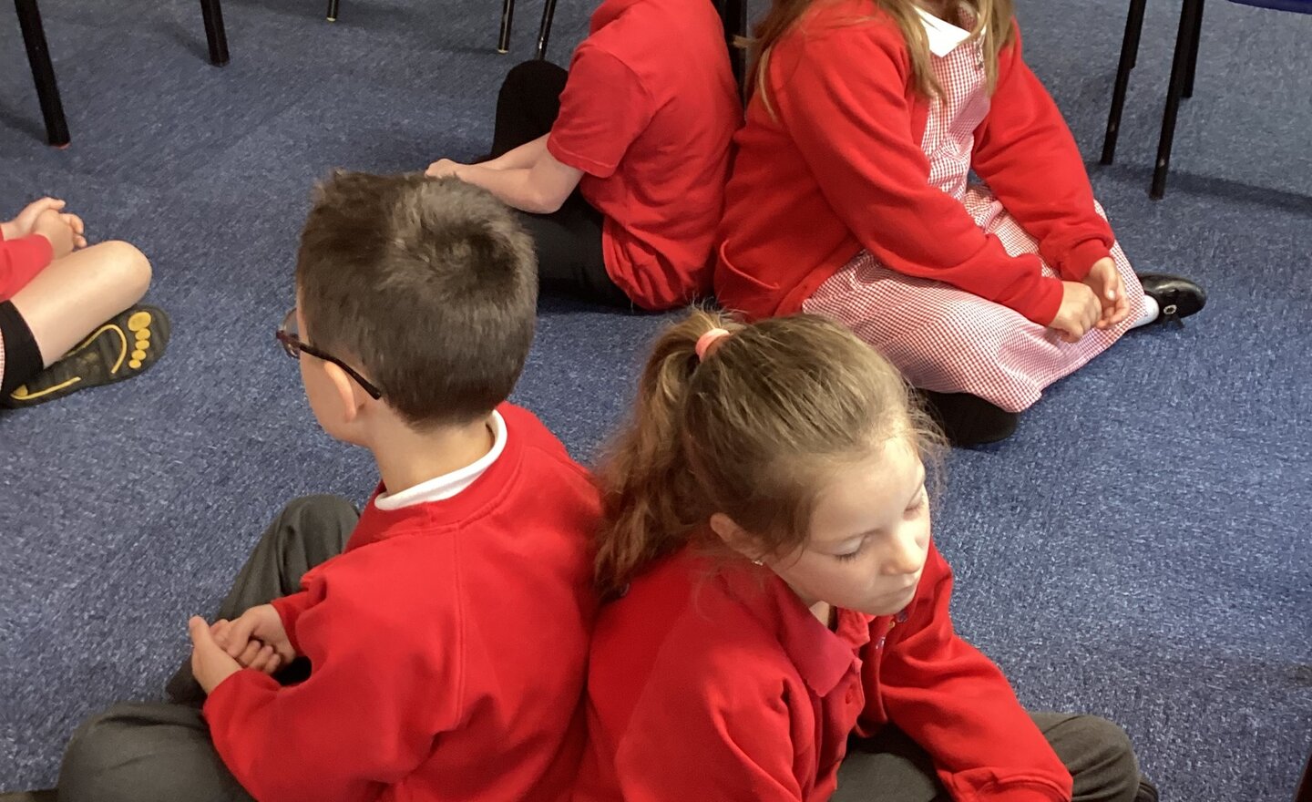 Image of Class 2 starting the day with some mindfulness back to back breathing.