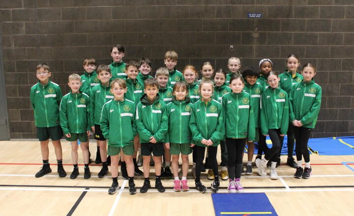 St. Augustine’s Year 5 and 6 Sports Hall Athletics team standing together at the Tees Valley Finals