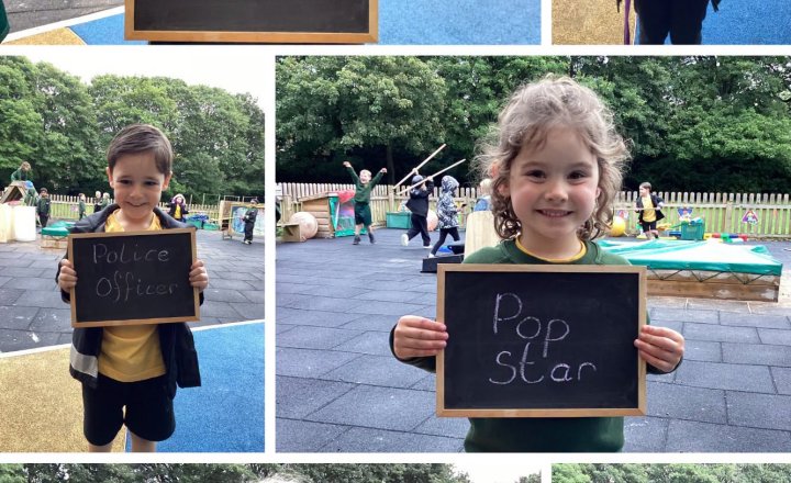 St Augustine's Reception pupils holding up signs with what careers they'd like in the future