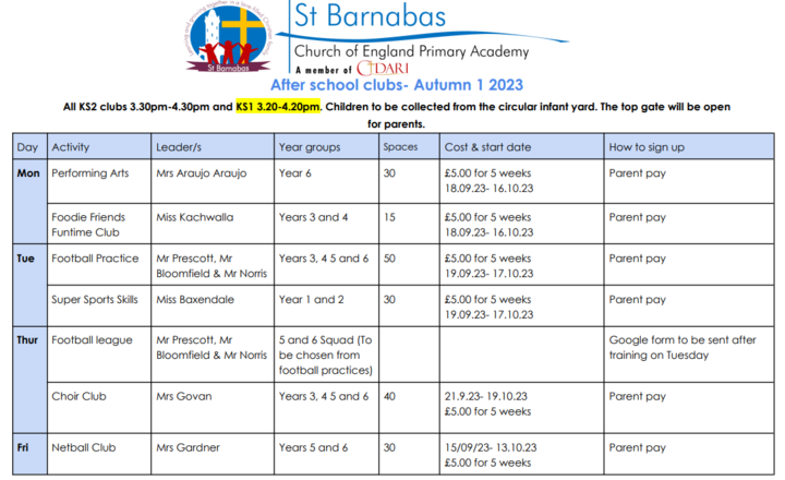 Image of After school clubs- Autumn 1 