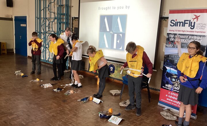 St Bede's Year 5 and Year 6 pupils during the visit from Stuie, the Director of Simfly Aviation Training