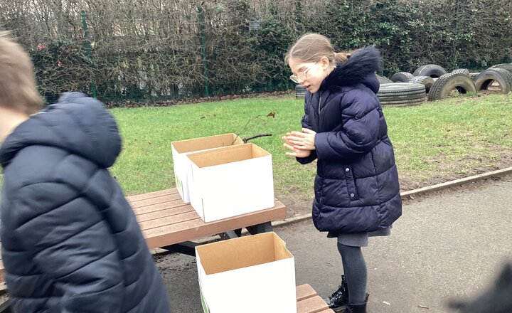 A child in a navy winter coat stands beside a wooden picnic table outdoors, looking into cardboard boxes set out for an eco activity.