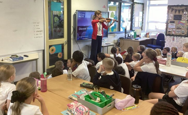 Year 4 pupils enjoying the amazing visit from Miss Howard of Durham Music Service