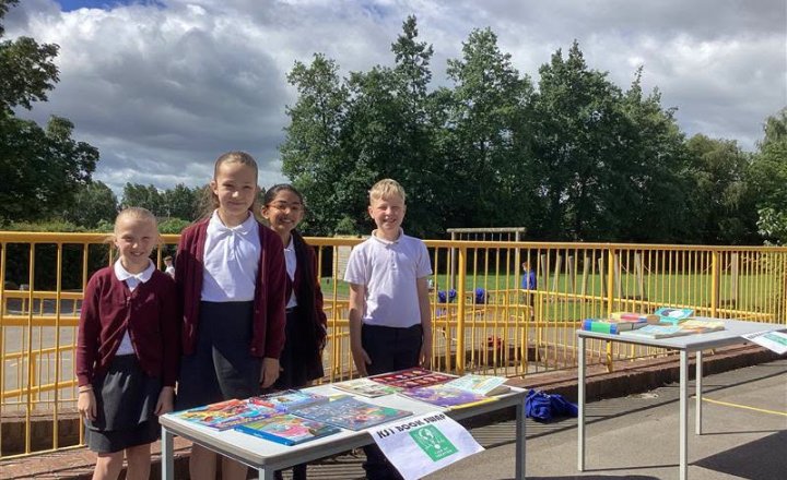 Pupils from St Bede's, hosting their school book swap event