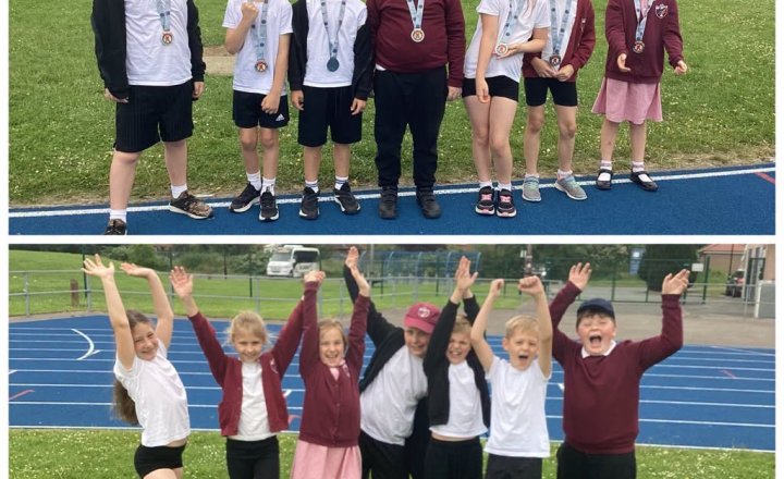 Pupils celebrating their silver medal victory at an athletics event