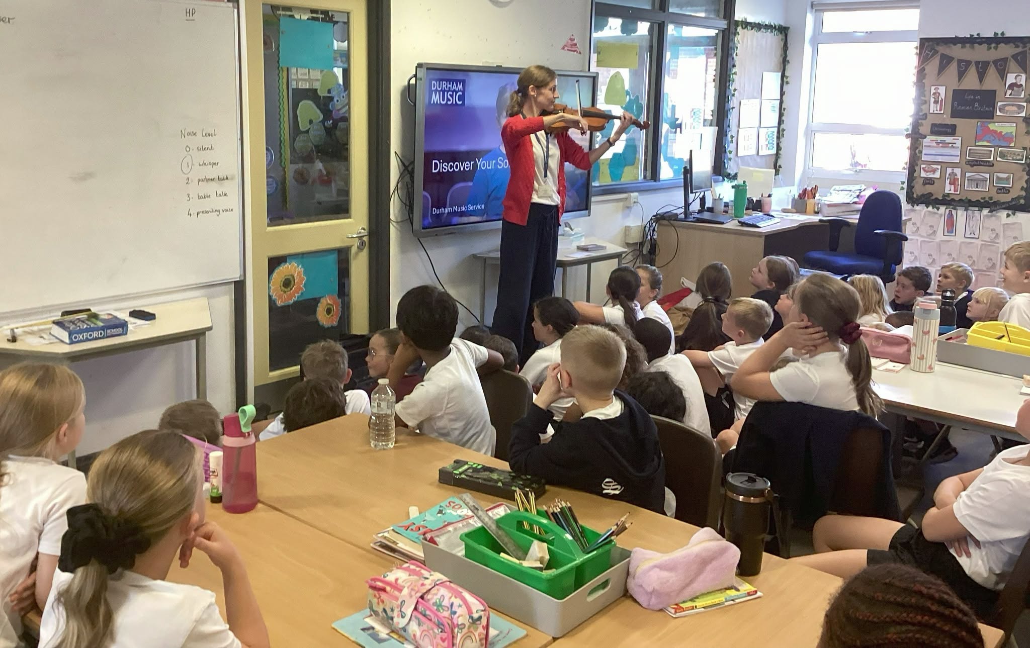 Year 4 pupils enjoying the amazing visit from Miss Howard of Durham Music Service