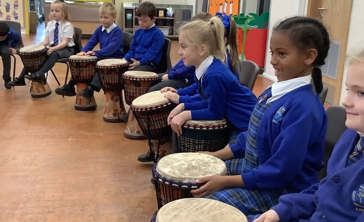 St Bega's pupils during their with Gina from Transformers, ready to engage with the African drumming workshop