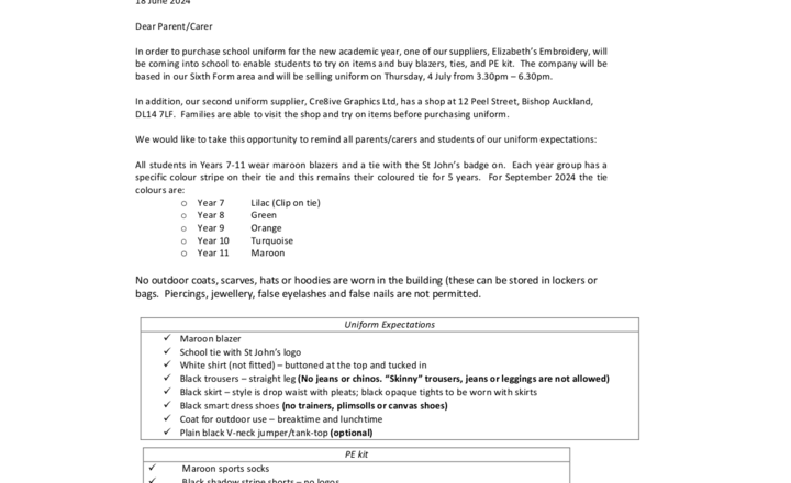 Image of Uniform Letter - June 2024