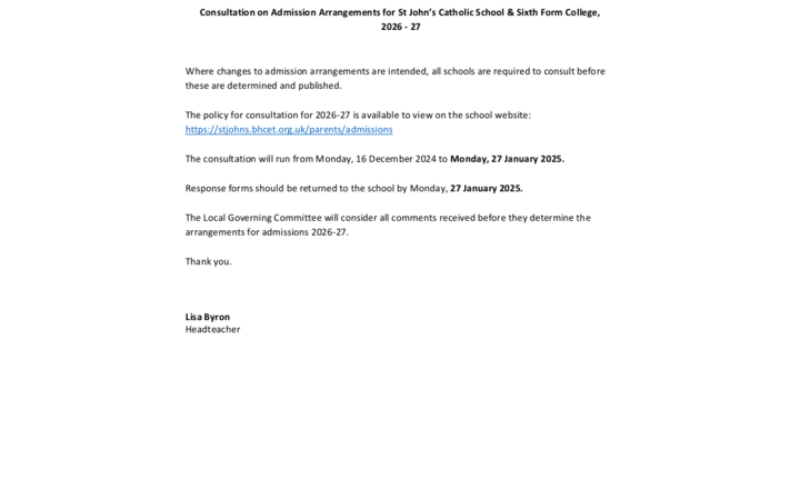 Image of Consultation on Admission Arrangements for St John’s Catholic School & Sixth Form College, 2026 - 27