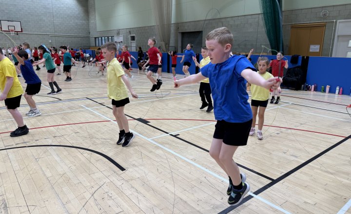 Pupils from St John Vianney being active at the Brierton Sports Centre for the skipping competition