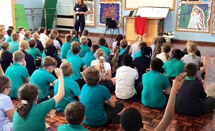 Pupils from St John Vianney listening to Antonia from Cleveland Fire Brigade
