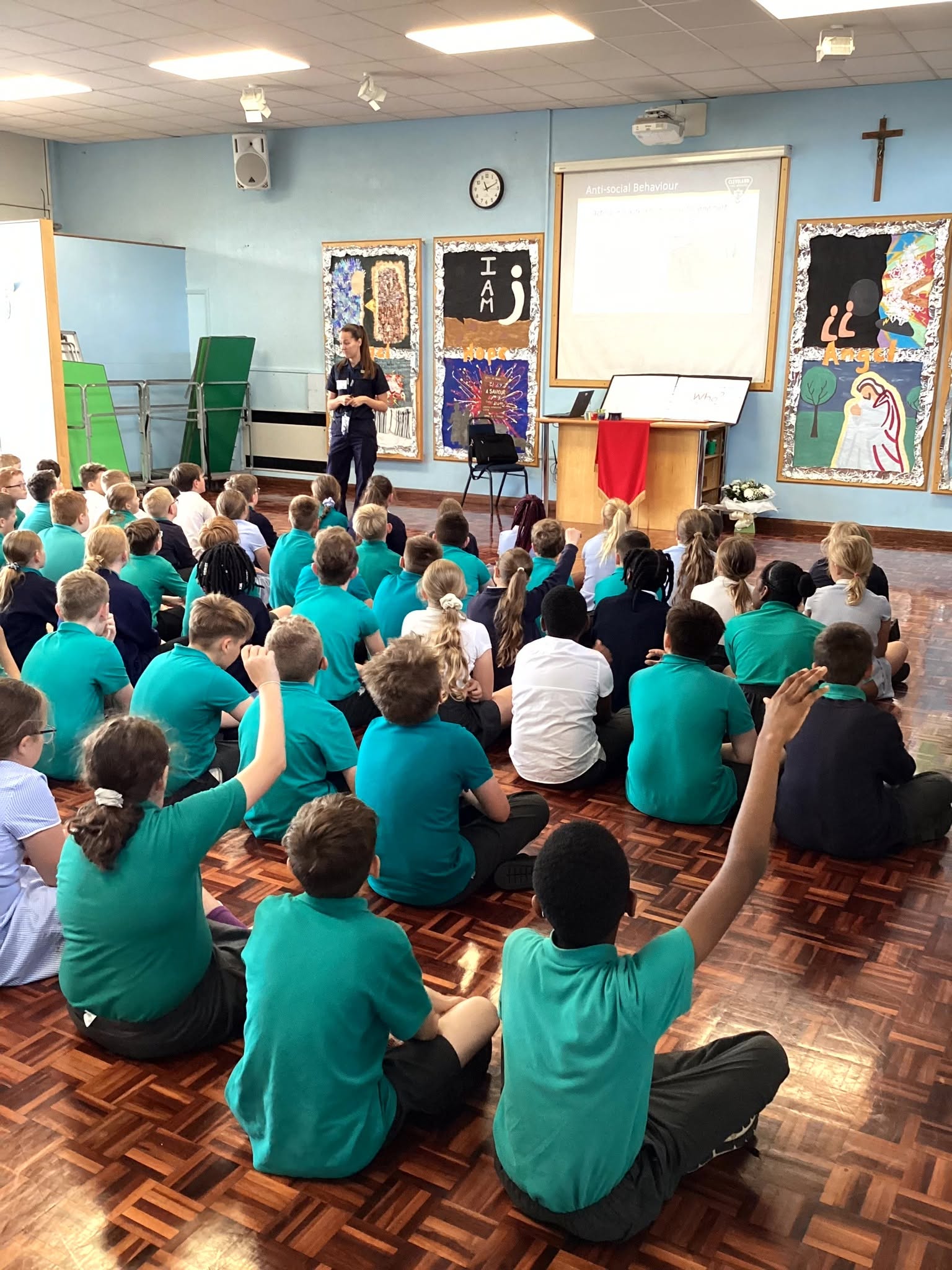 Pupils from St John Vianney listening to Antonia from Cleveland Fire Brigade