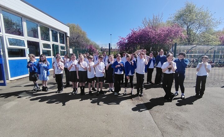 St Mary's pupils with their very own evacuation labels