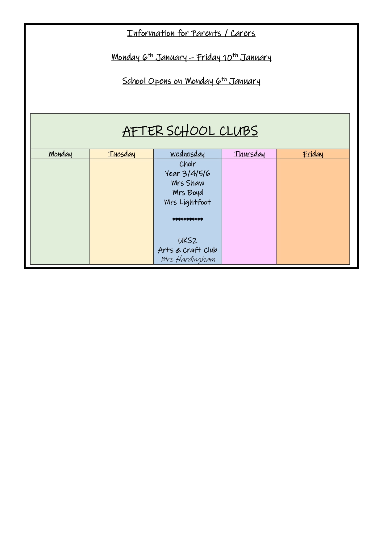 Image of Information for Parents/Carers the First Week Back in January