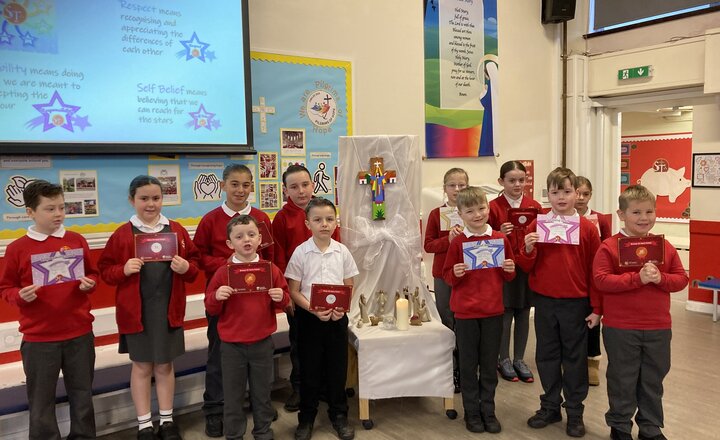 St Teresa's Darlington gather for the Celebration of the Word.  Also, recognising achievements of their pupils with their Virtue and Merit Point awards. 