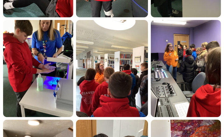 Children taking part in hands‑on learning experiences. Images include pupils using UV lights to check for germs, exploring equipment in a media or sound studio, walking through a university library, participating in practical demonstrations, and engaging 