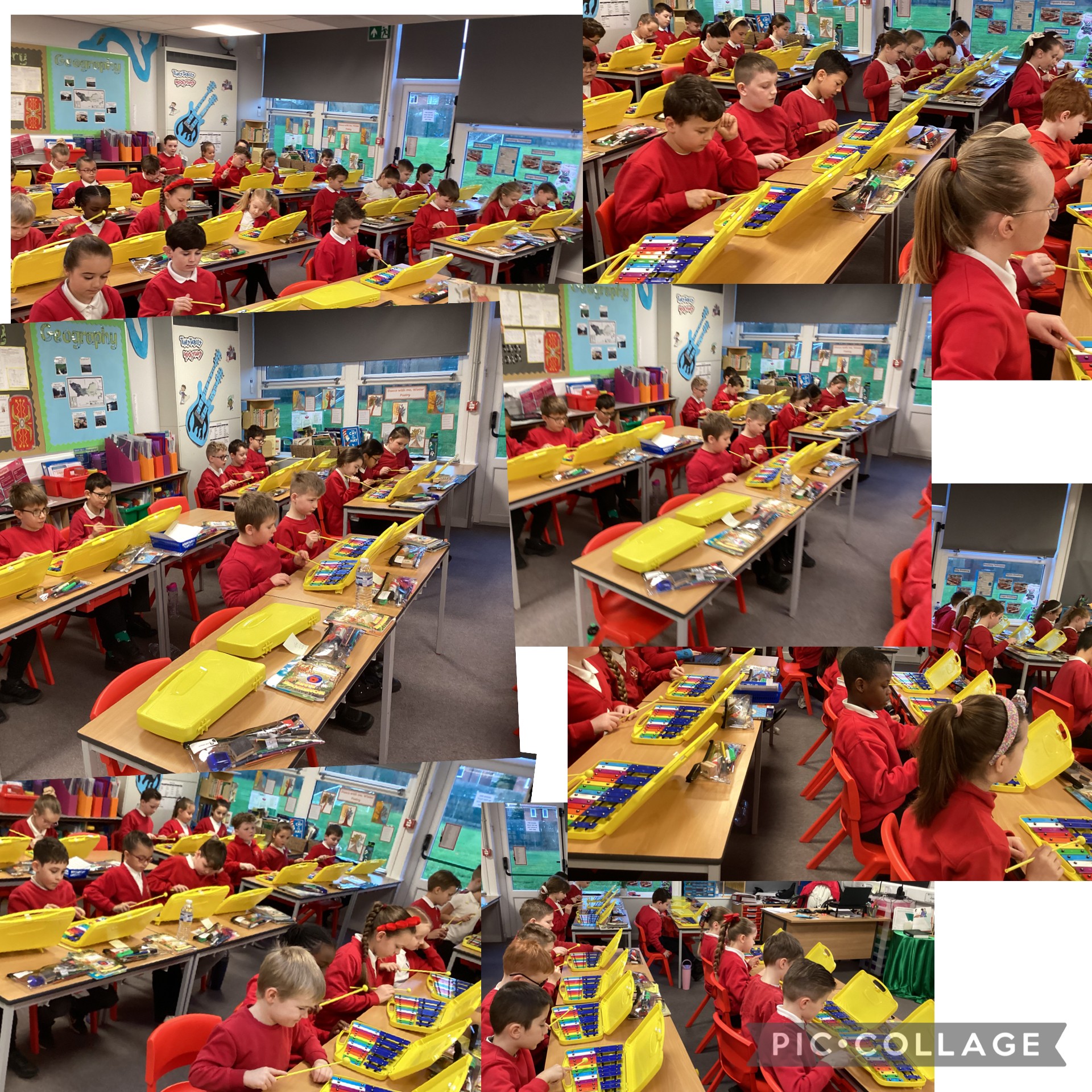 pupils experimenting with rhythm and melody on the xylophones