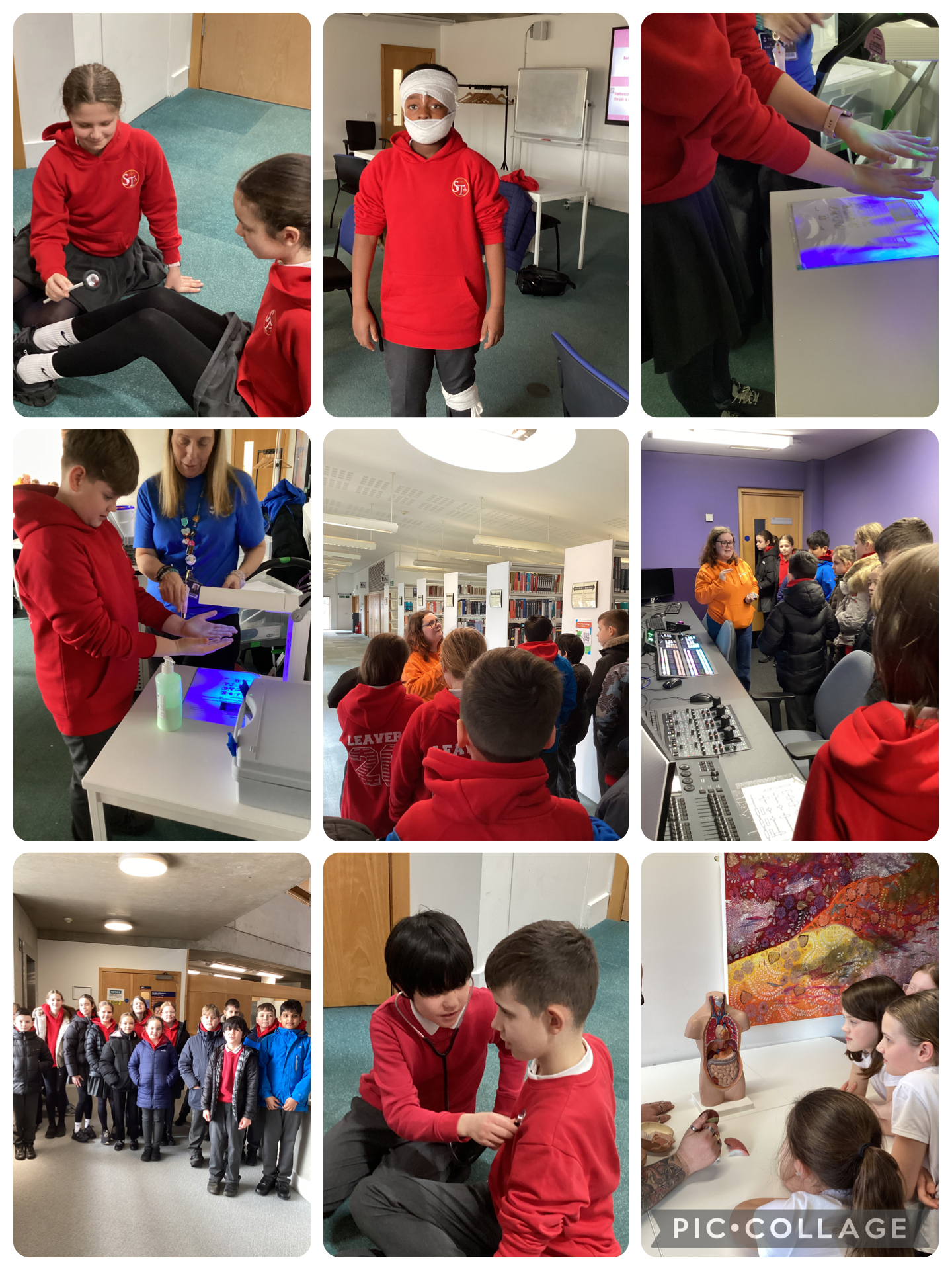 Children taking part in hands‑on learning experiences. Images include pupils using UV lights to check for germs, exploring equipment in a media or sound studio, walking through a university library, participating in practical demonstrations, and engaging