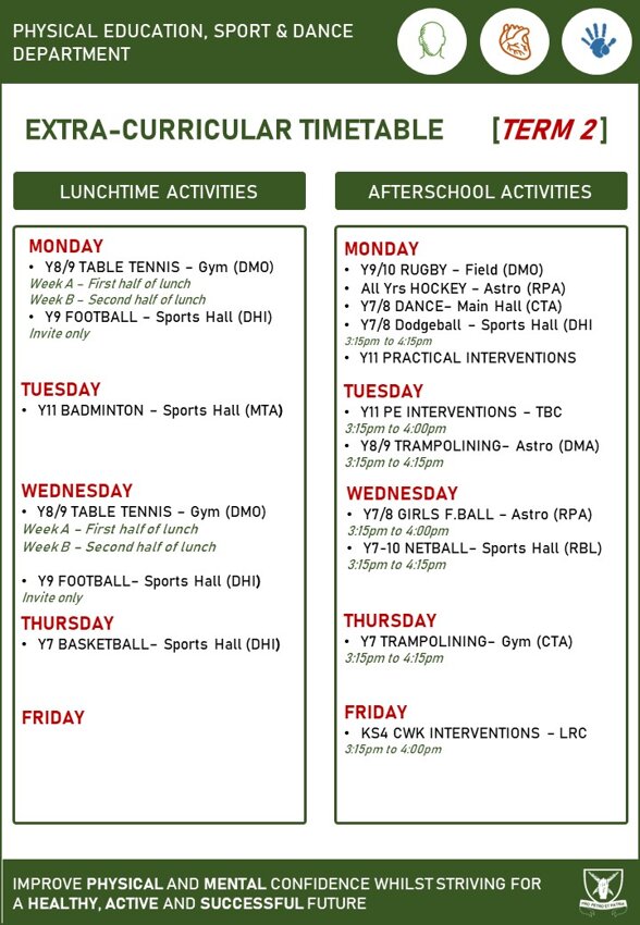 Image of PE Extra-Curricular Timetable: Term 2