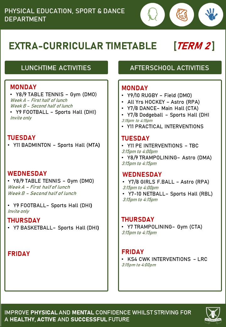 Image of PE Extra-Curricular Timetable: Term 2