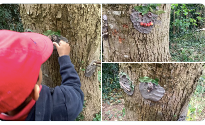 Image of Pre-School Oak made faces on the trees this afternoon during their little leaves session using clay.